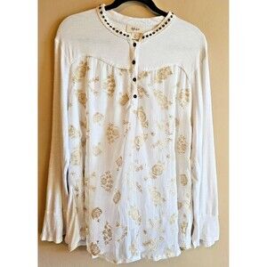 Style & Co XL White And Gold Embroidery Stitching Sheer Lined Tunic Top Shirt